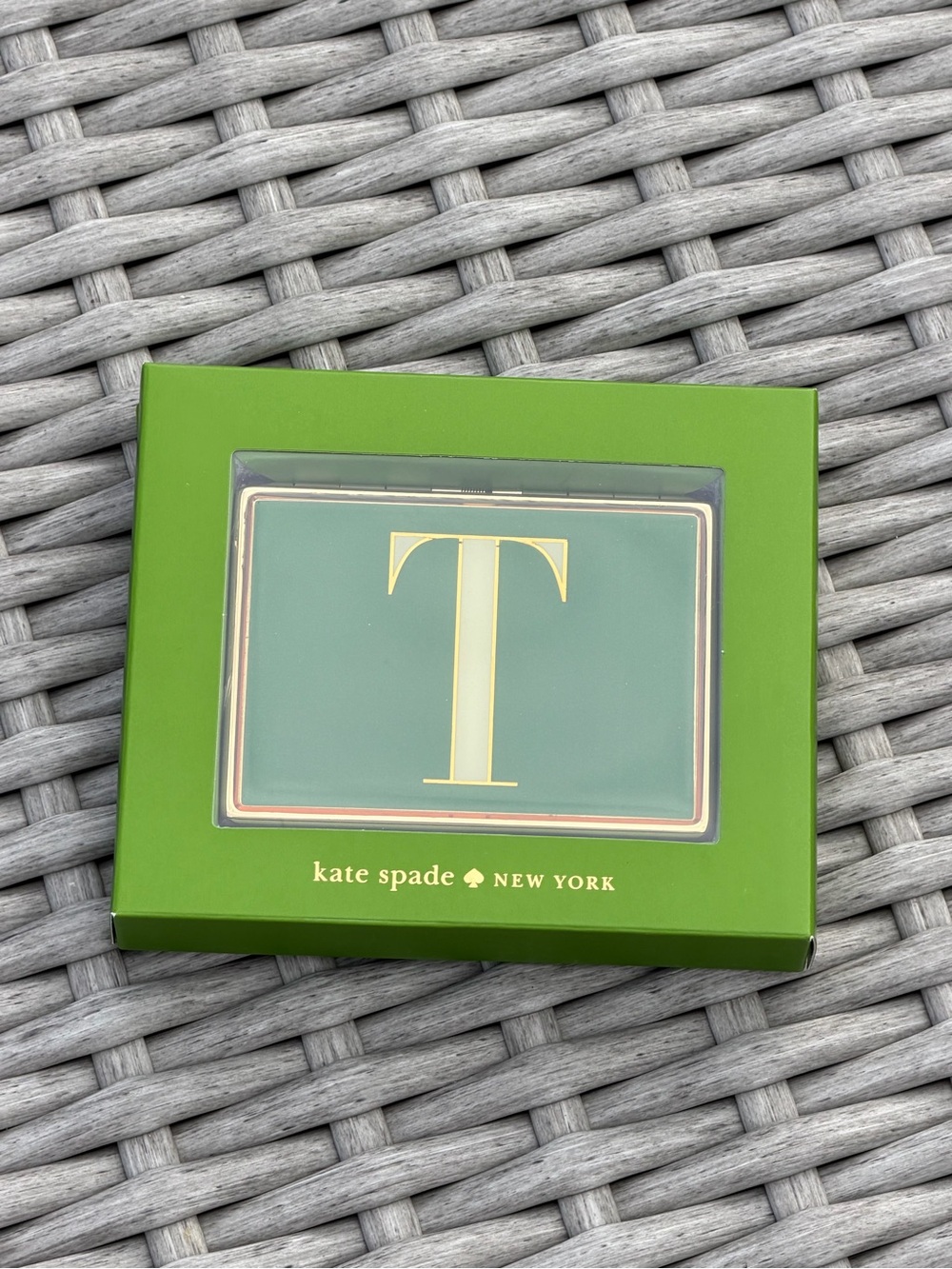 Kate Spade x Lenox green card holder with gold 'T' initial